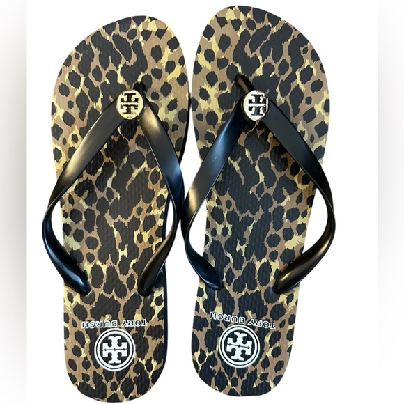 Tory Burch Black Tan Leopard Print Thong Flip Flops Cheetah Gold-tone Logo - Picture 2 of 7